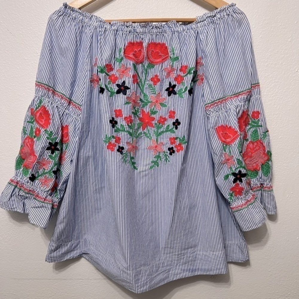 Crown and Ivy Blue And White Striped Floral‎ Embroidered Off The Shoulder Blouse
